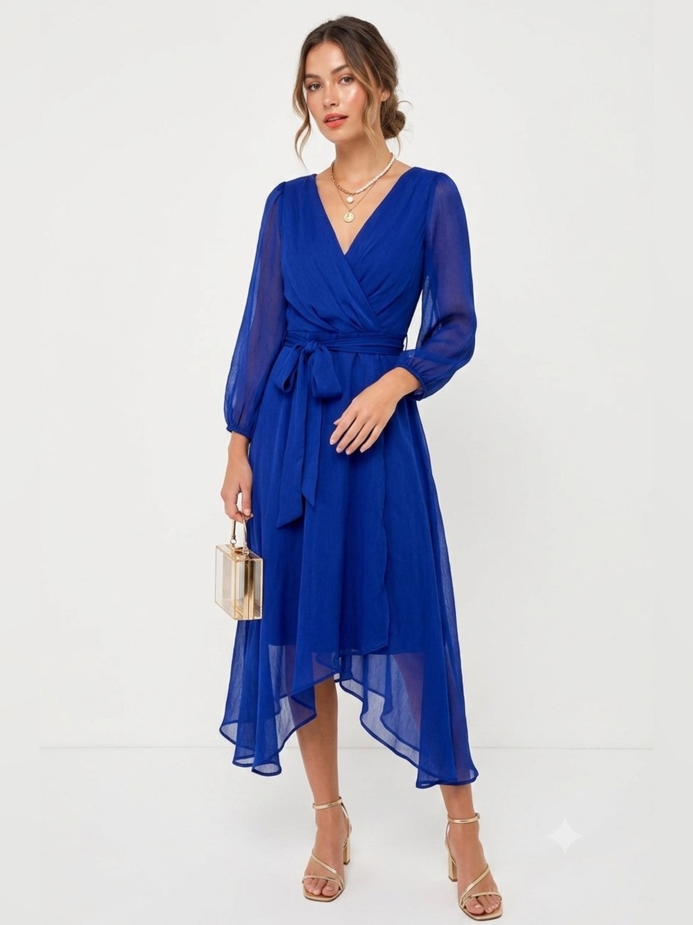 NWT DKNY Cobalt Blue High-Low Wrap Dress with Sheer Sleeves